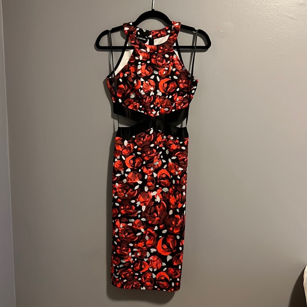 Red Floral Bebe Bodycon Dress with side& back cutout